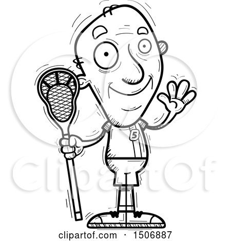 Clipart of a Black and White Waving Senior Male Lacrosse Player - Royalty Free Vector Illustration by Cory Thoman