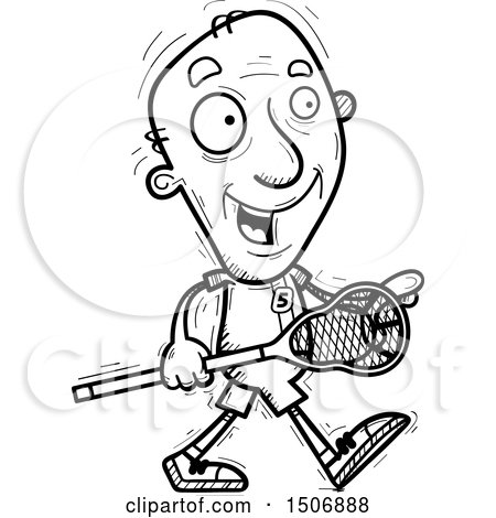 Clipart of a Black and White Walking Senior Male Lacrosse Player - Royalty Free Vector Illustration by Cory Thoman