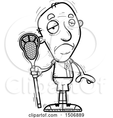 Clipart of a Black and White Sad Senior Male Lacrosse Player - Royalty Free Vector Illustration by Cory Thoman