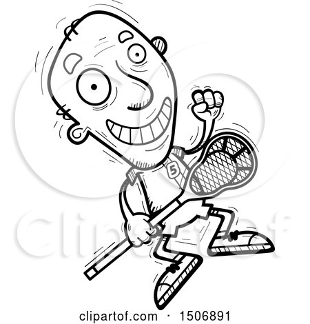 Clipart of a Black and White Jumping Senior Male Lacrosse Player - Royalty Free Vector Illustration by Cory Thoman
