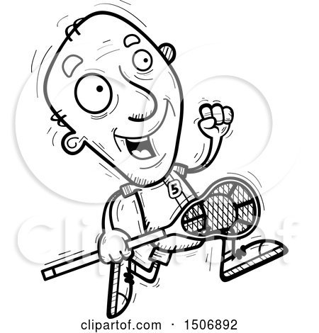 Clipart of a Black and White Running Senior Male Lacrosse Player - Royalty Free Vector Illustration by Cory Thoman