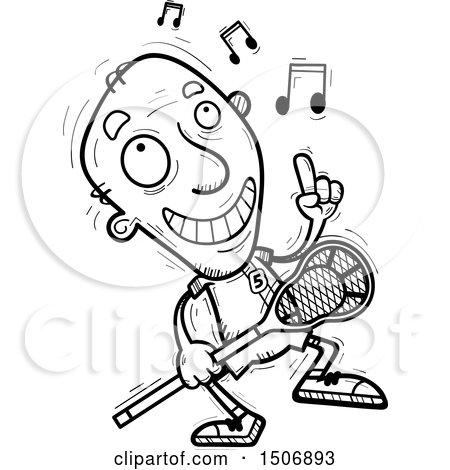 Clipart of a Black and White Happy Dancing Senior Male Lacrosse Player - Royalty Free Vector Illustration by Cory Thoman