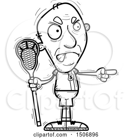 Clipart of a Black and White Mad Pointing Senior Male Lacrosse Player - Royalty Free Vector Illustration by Cory Thoman