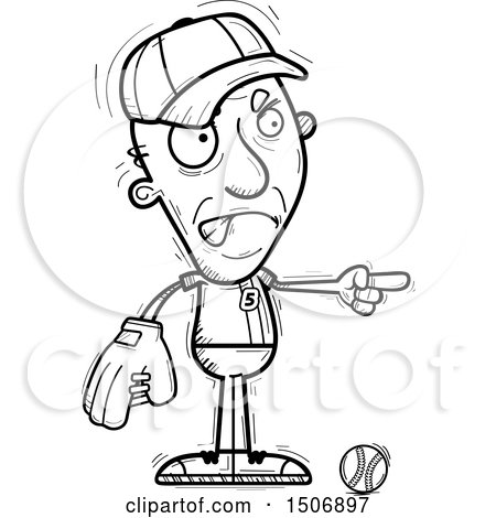 Clipart of a Black and White Mad Pointing Senior Male Baseball Player - Royalty Free Vector Illustration by Cory Thoman