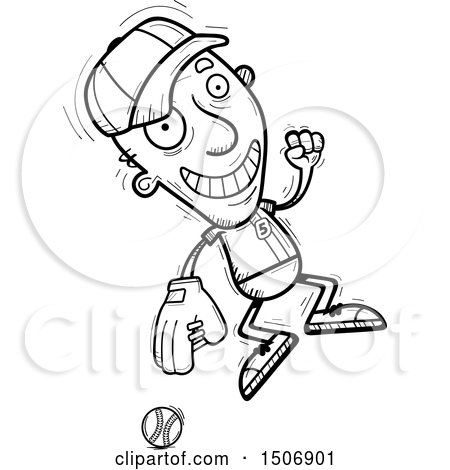 Clipart of a Black and White Jumping Senior Male Baseball Player - Royalty Free Vector Illustration by Cory Thoman