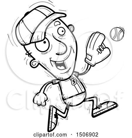 Clipart of a Black and White Running Senior Male Baseball Player - Royalty Free Vector Illustration by Cory Thoman