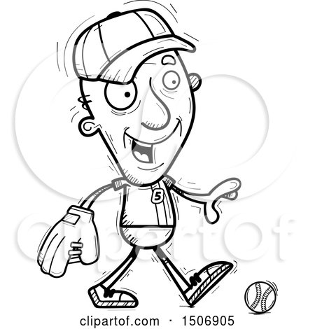 Clipart of a Black and White Walking Senior Male Baseball Player - Royalty Free Vector Illustration by Cory Thoman