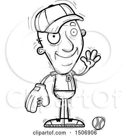 Clipart of a Black and White Waving Senior Male Baseball Player - Royalty Free Vector Illustration by Cory Thoman