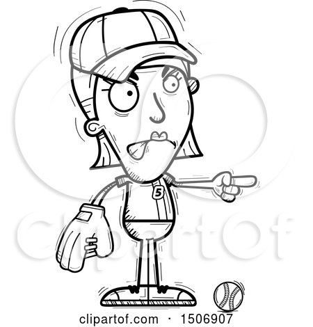 Clipart of a Black and White Mad Pointing Female Baseball Player - Royalty Free Vector Illustration by Cory Thoman