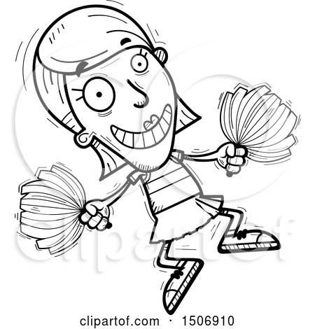 Clipart of a Black and White Jumping Female Cheerleader - Royalty Free Vector Illustration by Cory Thoman