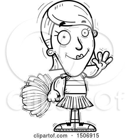 Clipart of a Black and White Waving Female Cheerleader - Royalty Free Vector Illustration by Cory Thoman