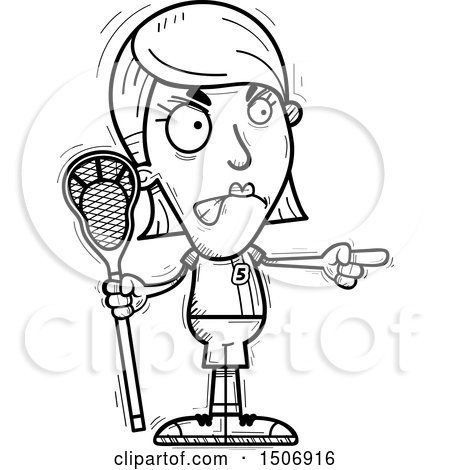 Clipart of a Black and White Mad Pointing Female Lacrosse Player - Royalty Free Vector Illustration by Cory Thoman
