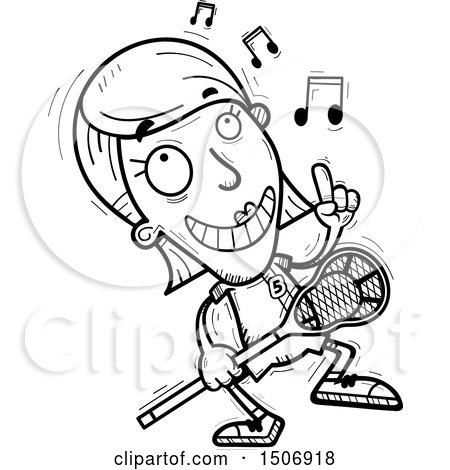 Clipart of a Black and White Happy Dancing Female Lacrosse Player - Royalty Free Vector Illustration by Cory Thoman