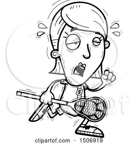 Clipart of a Black and White Tired Female Lacrosse Player - Royalty Free Vector Illustration by Cory Thoman