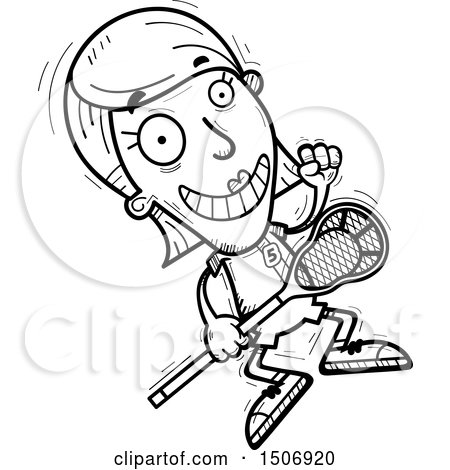 Clipart of a Black and White Jumping Female Lacrosse Player - Royalty Free Vector Illustration by Cory Thoman