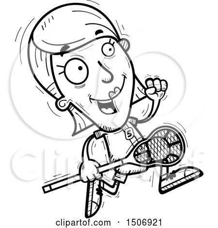 Clipart of a Black and White Running Female Lacrosse Player - Royalty Free Vector Illustration by Cory Thoman