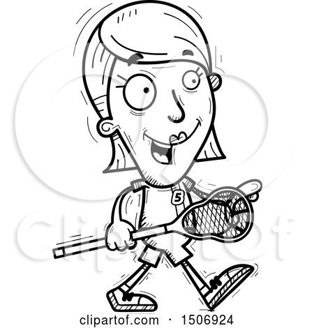 Clipart of a Black and White Walking Female Lacrosse Player - Royalty Free Vector Illustration by Cory Thoman