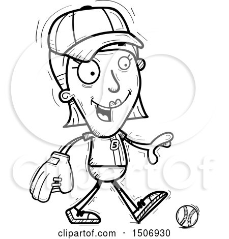 Clipart of a Black and White Walking Female Baseball Player - Royalty Free Vector Illustration by Cory Thoman