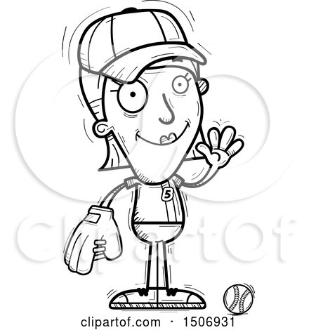 Clipart of a Black and White Waving Female Baseball Player - Royalty Free Vector Illustration by Cory Thoman