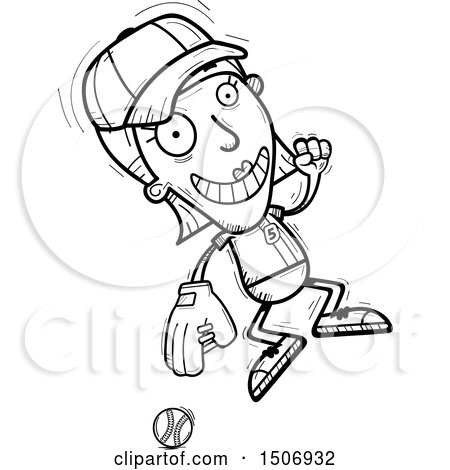 Clipart of a Black and White Jumping Female Baseball Player - Royalty Free Vector Illustration by Cory Thoman
