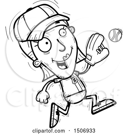 Clipart of a Black and White Running Female Baseball Player - Royalty Free Vector Illustration by Cory Thoman