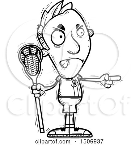 Clipart of a Black and White Mad Pointing Male Lacrosse Player - Royalty Free Vector Illustration by Cory Thoman
