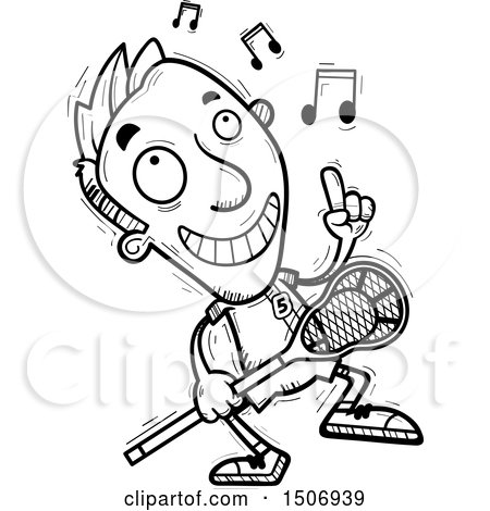 Clipart of a Black and White Happy Dancing Male Lacrosse Player - Royalty Free Vector Illustration by Cory Thoman