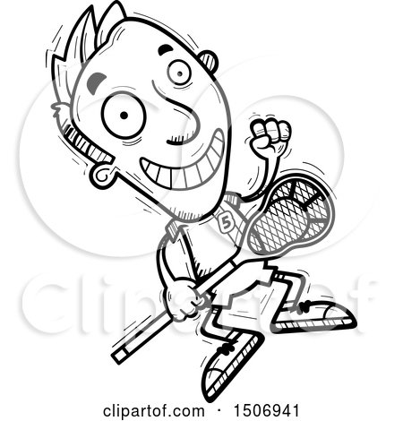Clipart of a Black and White Jumping Male Lacrosse Player - Royalty Free Vector Illustration by Cory Thoman