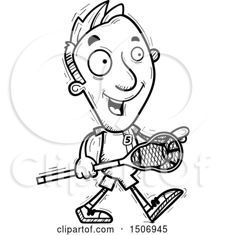 Clipart of a Black and White Walking Male Lacrosse Player - Royalty Free Vector Illustration by Cory Thoman