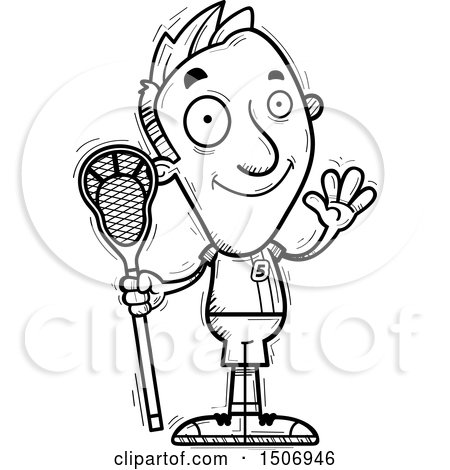 Clipart of a Black and White Waving Male Lacrosse Player - Royalty Free Vector Illustration by Cory Thoman