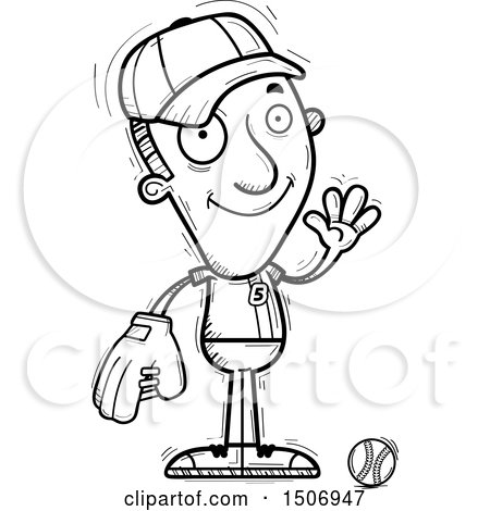 Clipart of a Black and White Waving Male Baseball Player - Royalty Free Vector Illustration by Cory Thoman