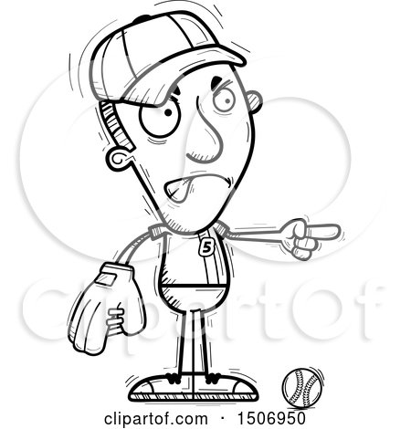 Clipart of a Black and White Mad Pointing Male Baseball Player - Royalty Free Vector Illustration by Cory Thoman