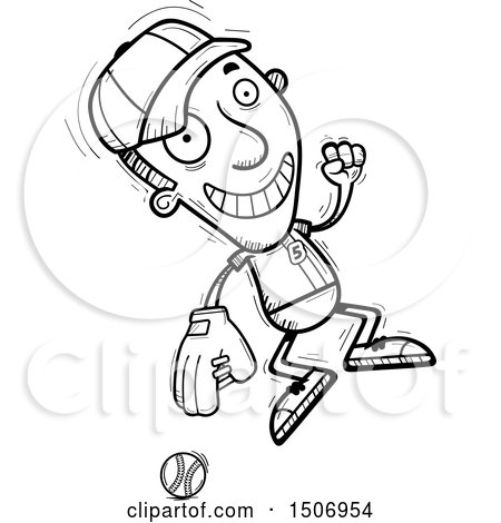 Clipart of a Black and White Jumping Male Baseball Player - Royalty Free Vector Illustration by Cory Thoman
