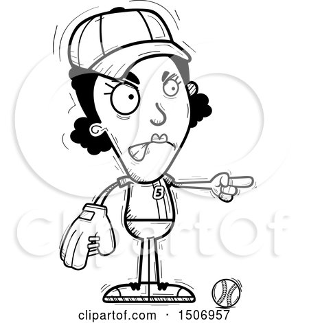 Clipart of a Black and White Mad Pointing Black Female Baseball Player - Royalty Free Vector Illustration by Cory Thoman