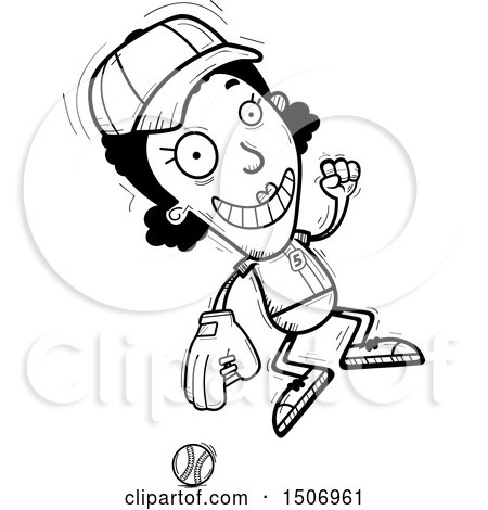 Clipart of a Black and White Jumping Black Female Baseball Player - Royalty Free Vector Illustration by Cory Thoman