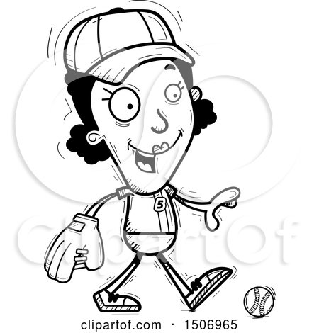 Clipart of a Black and White Walking Black Female Baseball Player - Royalty Free Vector Illustration by Cory Thoman