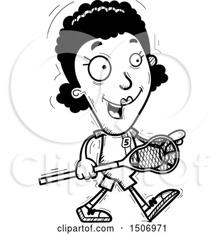 Clipart of a Black and White Walking Black Female Lacrosse Player - Royalty Free Vector Illustration by Cory Thoman
