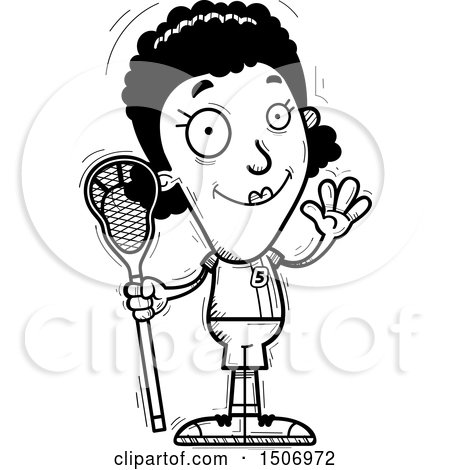 Clipart of a Black and White Waving Black Female Lacrosse Player - Royalty Free Vector Illustration by Cory Thoman