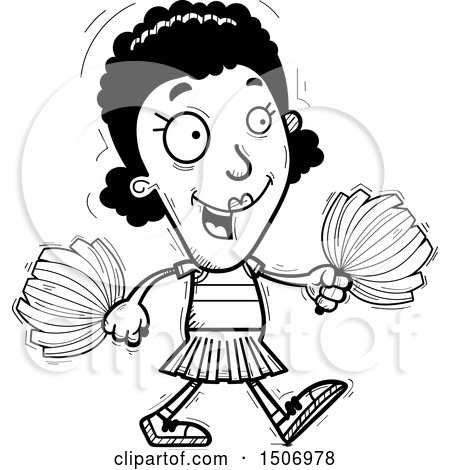 Clipart of a Black and White Walking Black Female Cheeleader - Royalty Free Vector Illustration by Cory Thoman