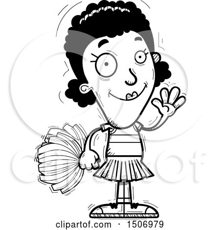Clipart of a Black and White Waving Black Female Cheeleader - Royalty Free Vector Illustration by Cory Thoman