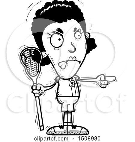 Clipart of a Black and White Mad Pointing Black Female Lacrosse Player - Royalty Free Vector Illustration by Cory Thoman