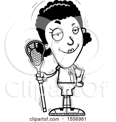 Clipart of a Black and White Confident Black Female Lacrosse Player - Royalty Free Vector Illustration by Cory Thoman