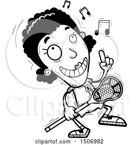 Clipart of a Black and White Happy Dancing Black Female Lacrosse Player - Royalty Free Vector Illustration by Cory Thoman