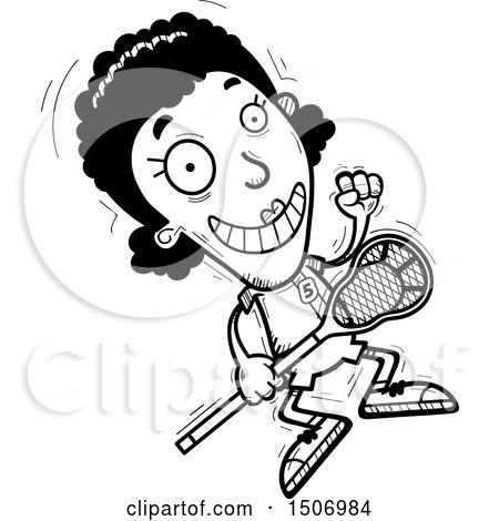 Clipart of a Black and White Jumping Black Female Lacrosse Player - Royalty Free Vector Illustration by Cory Thoman