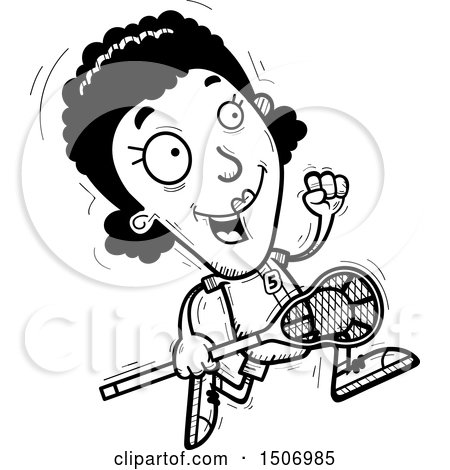 Clipart of a Black and White Running Black Female Lacrosse Player - Royalty Free Vector Illustration by Cory Thoman