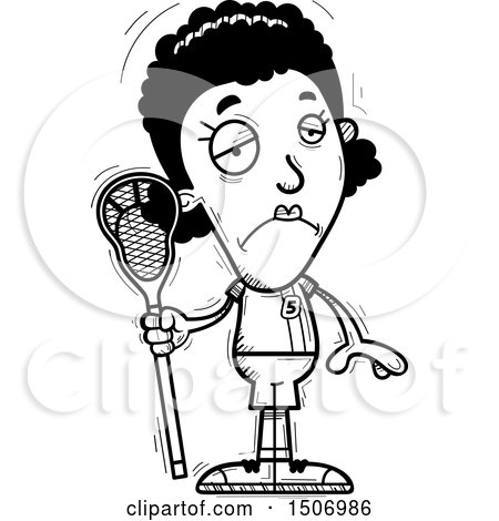 Clipart of a Black and White Sad Black Female Lacrosse Player - Royalty Free Vector Illustration by Cory Thoman