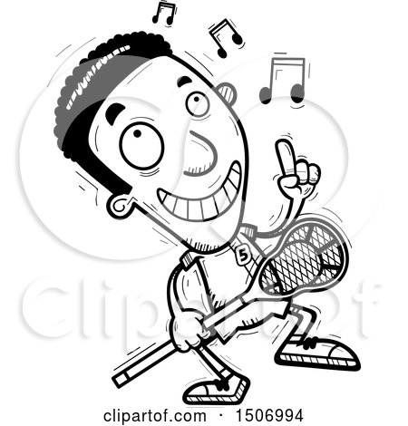 Clipart of a Black and White Happy Dancing Black Male Lacrosse Player - Royalty Free Vector Illustration by Cory Thoman