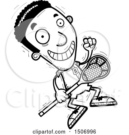 Clipart of a Black and White Jumping Black Male Lacrosse Player - Royalty Free Vector Illustration by Cory Thoman