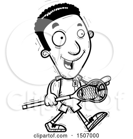 Clipart of a Black and White Walking Black Male Lacrosse Player - Royalty Free Vector Illustration by Cory Thoman