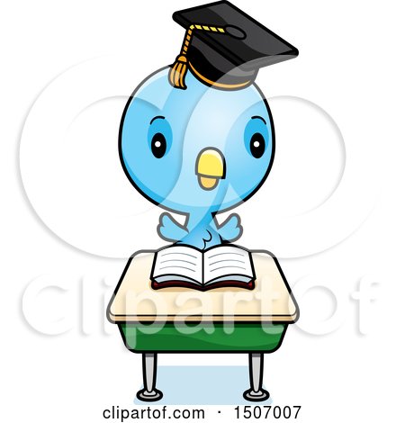 Clipart of a Graduate Student Blue Bird Reading at a School Desk - Royalty Free Vector Illustration by Cory Thoman